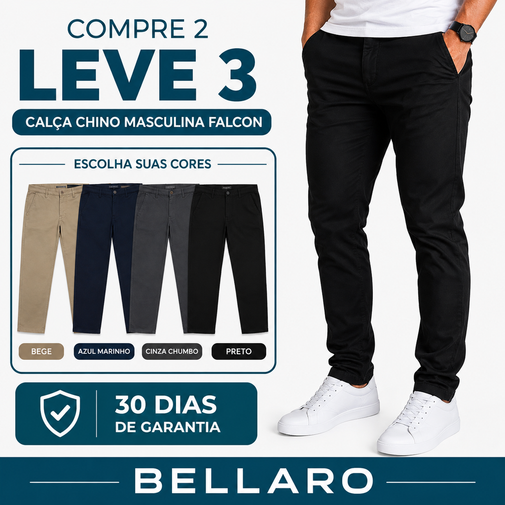 [Leve 3 e Pague 2] Calça Chino Masculina Falcon em Sarja de Algodão com Elastano | Conforto e Elegância