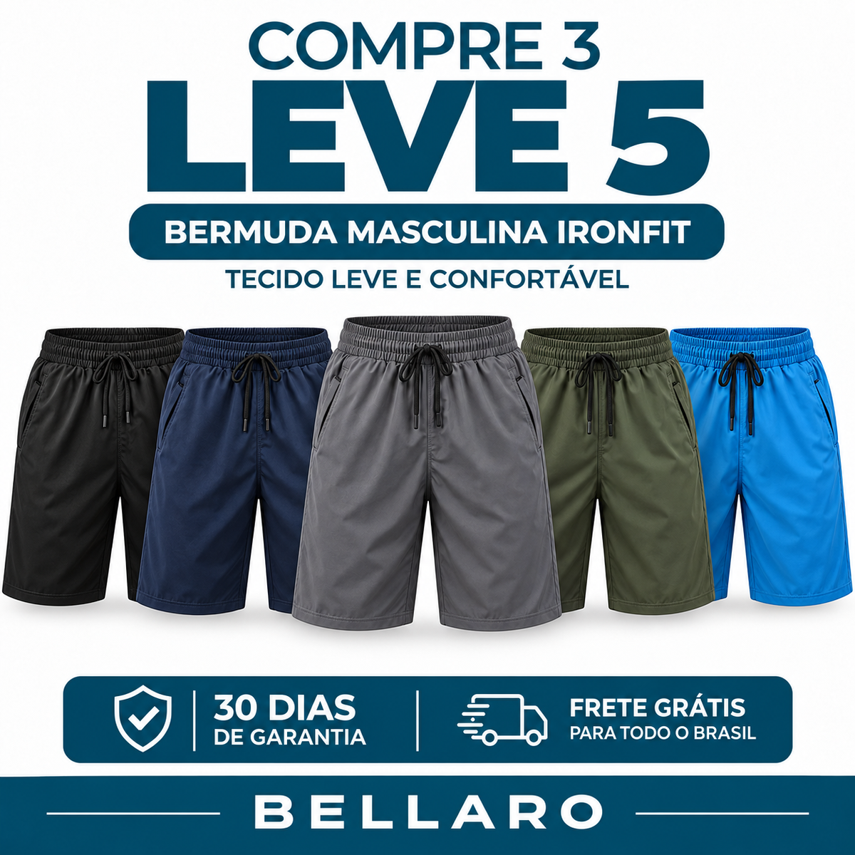[Leve 5 e Pague 3] Bermuda Masculina IronFit Premium | Leveza, Conforto e Liberdade nos Treinos