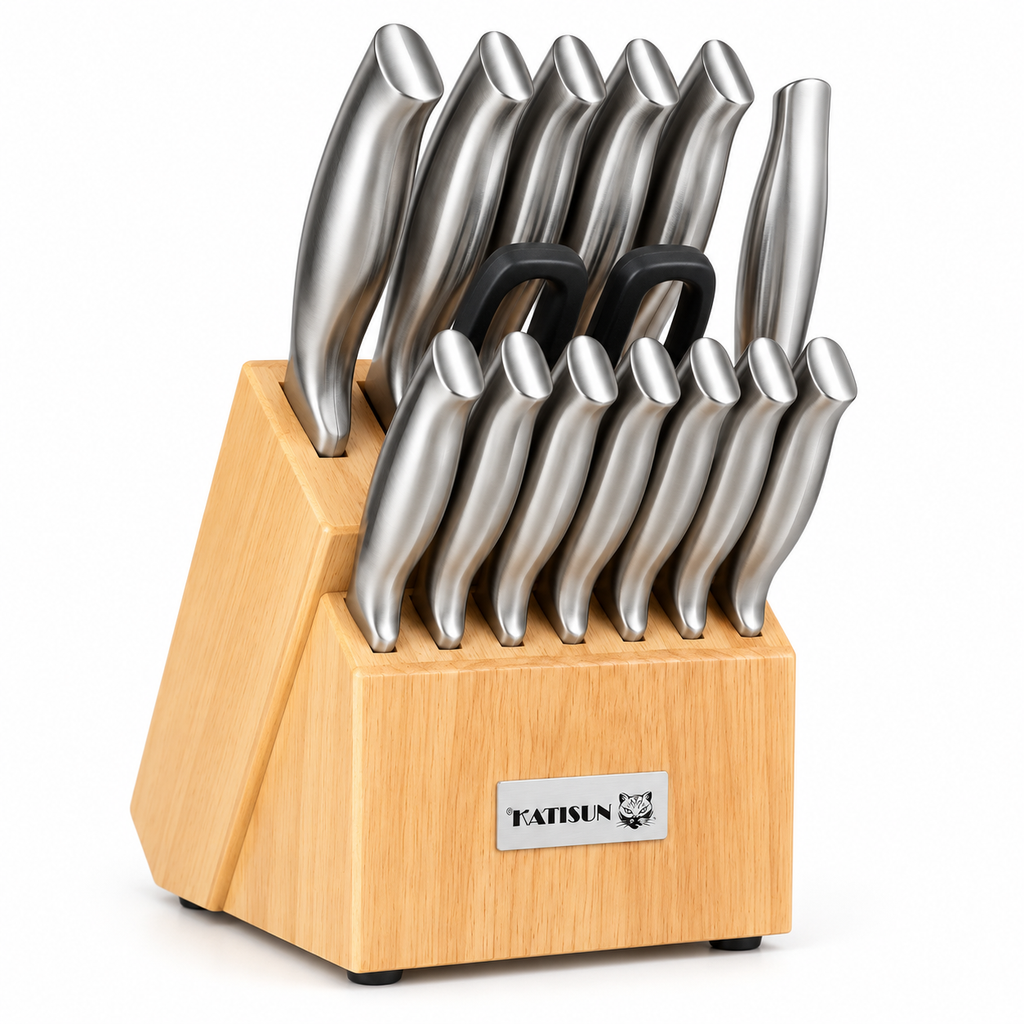 Kit 15 Peças de Facas de Cozinha em Aço Inox com Suporte de Madeira – Corte Preciso e Alta Durabilidade