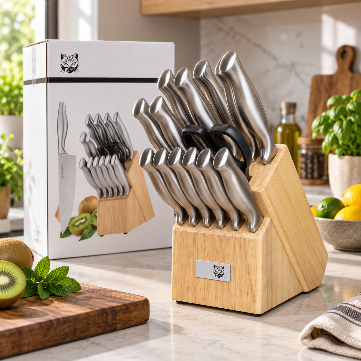 Kit 15 Peças de Facas de Cozinha em Aço Inox com Suporte de Madeira – Corte Preciso e Alta Durabilidade
