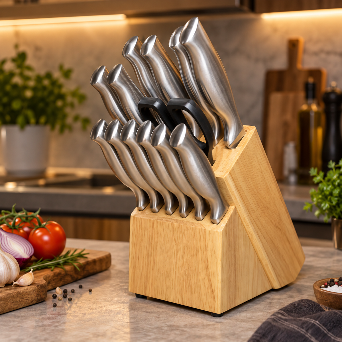 Kit 15 Peças de Facas de Cozinha em Aço Inox com Suporte de Madeira – Corte Preciso e Alta Durabilidade