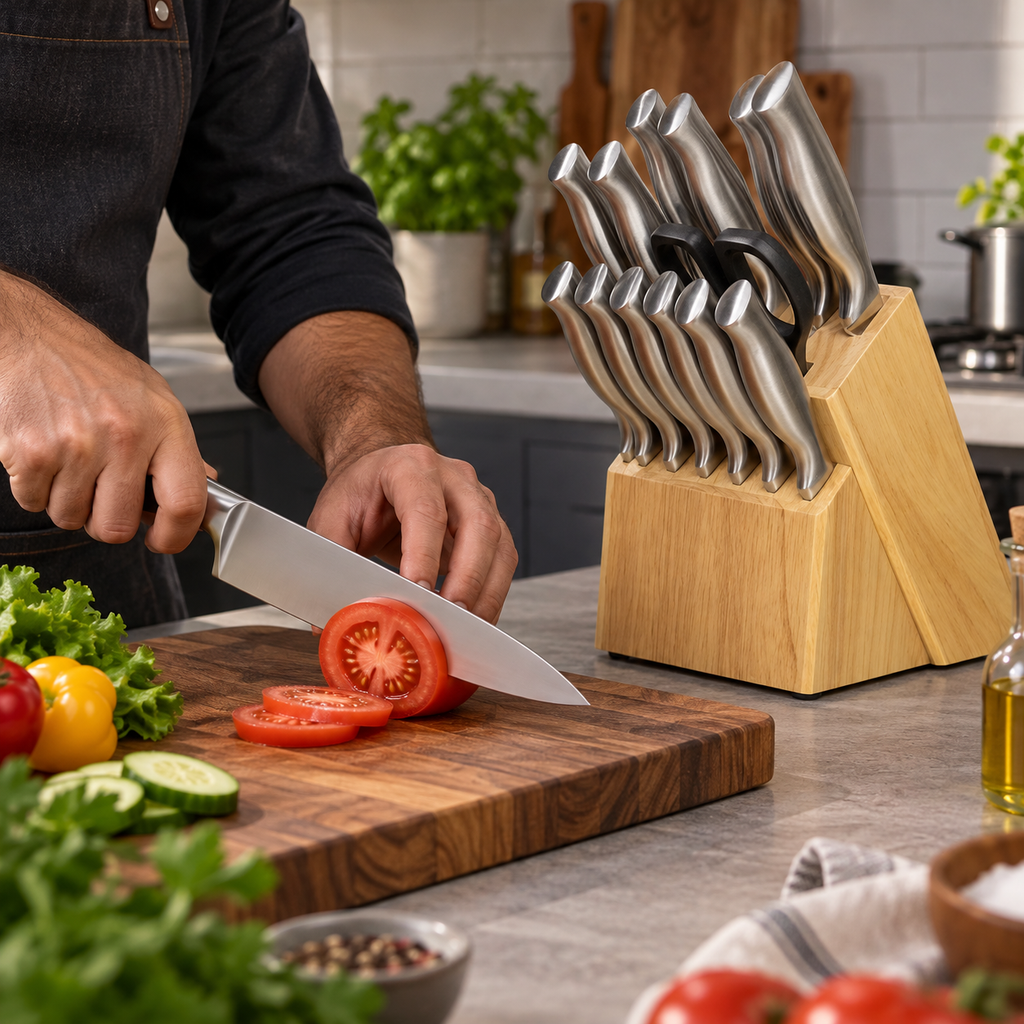 Kit 15 Peças de Facas de Cozinha em Aço Inox com Suporte de Madeira – Corte Preciso e Alta Durabilidade