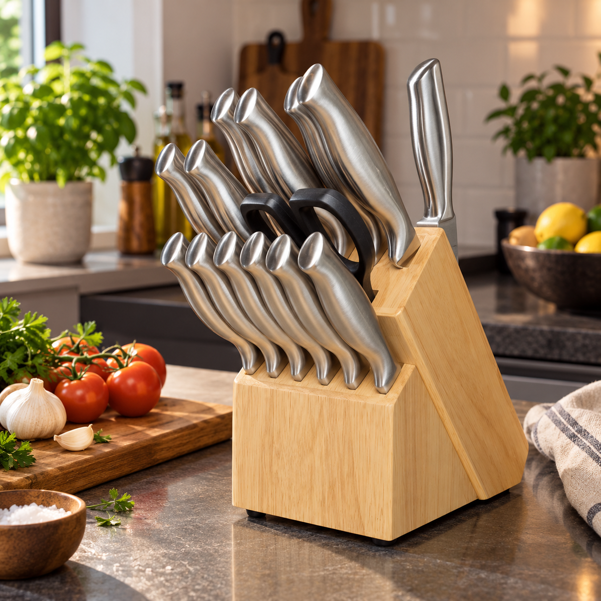Kit 15 Peças de Facas de Cozinha em Aço Inox com Suporte de Madeira – Corte Preciso e Alta Durabilidade