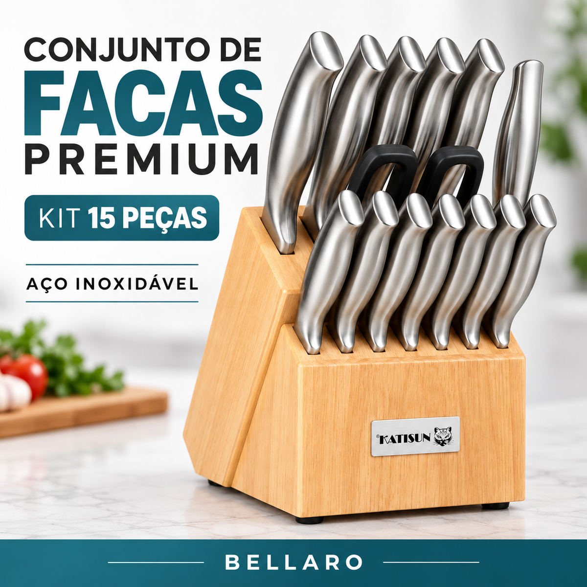 Kit 15 Peças de Facas de Cozinha em Aço Inox com Suporte de Madeira – Corte Preciso e Alta Durabilidade