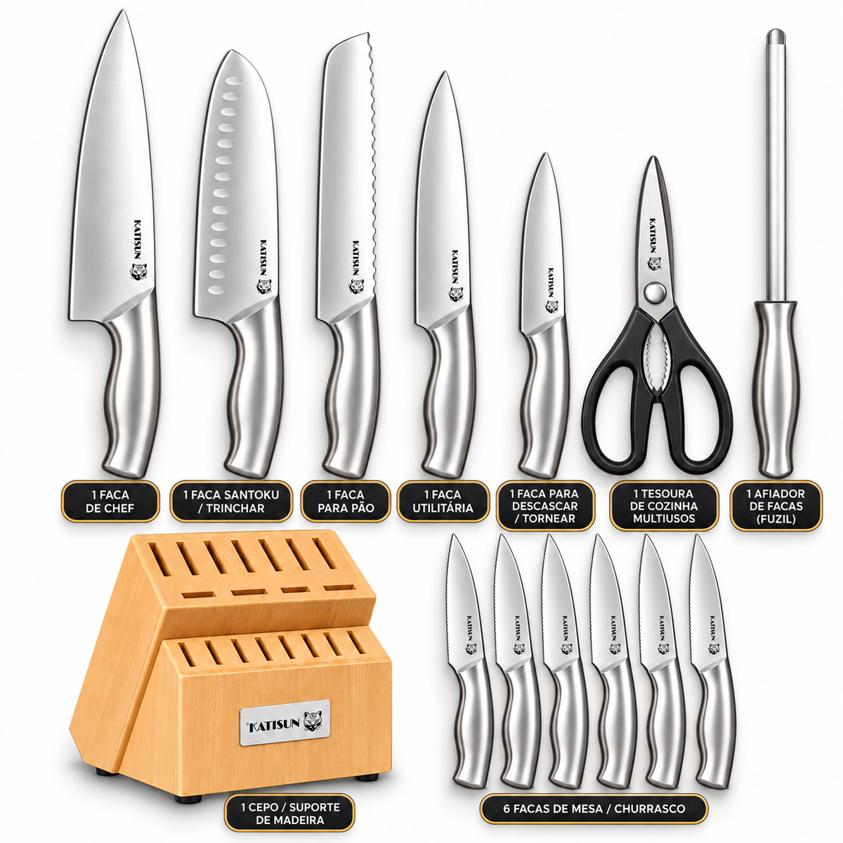 Kit 15 Peças de Facas de Cozinha em Aço Inox com Suporte de Madeira – Corte Preciso e Alta Durabilidade