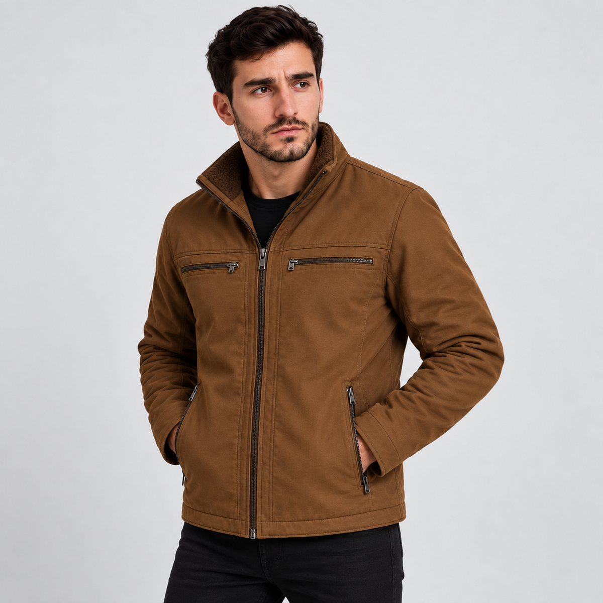 [Compre 1 Leve 2] Jaqueta Masculina de Sarja Forrada com Capuz Removível – Conforto, Estilo e Proteção