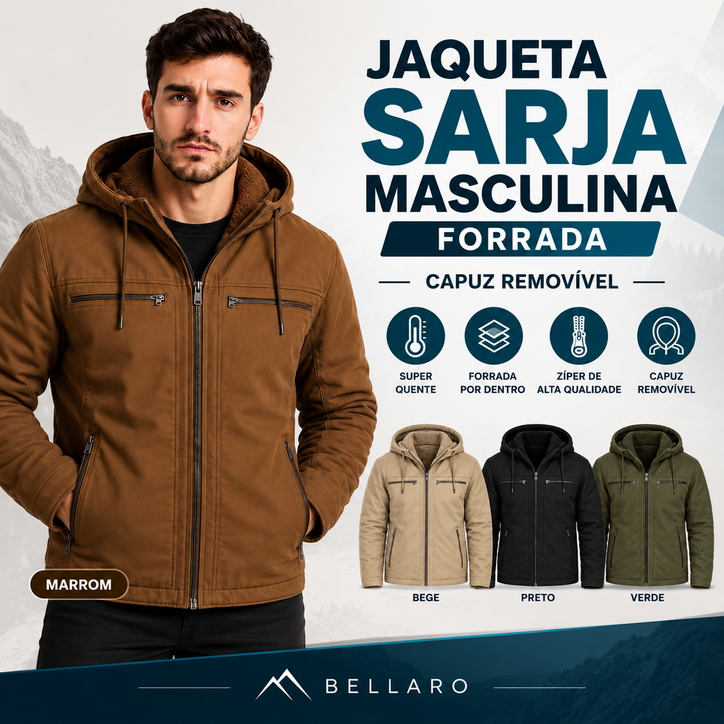 [Compre 1 Leve 2] Jaqueta Masculina de Sarja Forrada com Capuz Removível – Conforto, Estilo e Proteção