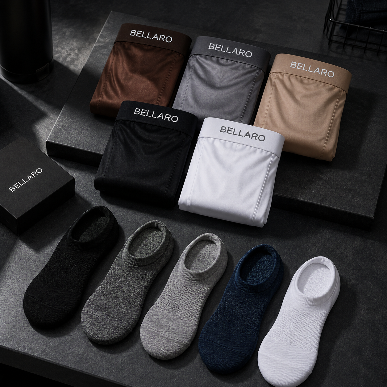 [Leve 10 e Pague 5] Kit Masculino Bellaro – 5 Cuecas Boxer Premium + 5 Pares de Meias