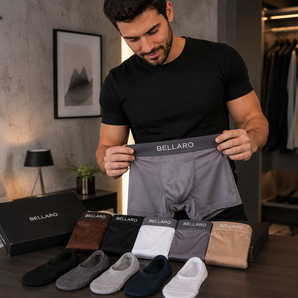 [Leve 10 e Pague 5] Kit Masculino Bellaro – 5 Cuecas Boxer Premium + 5 Pares de Meias