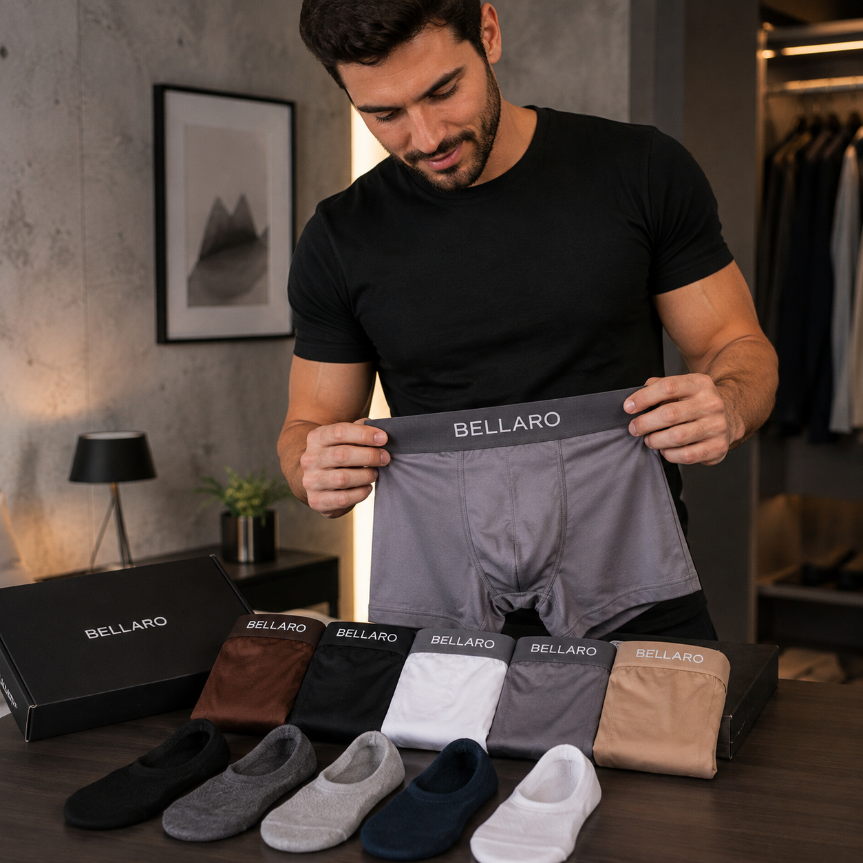 [Leve 10 e Pague 5] Kit Masculino Bellaro – 5 Cuecas Boxer Premium + 5 Pares de Meias