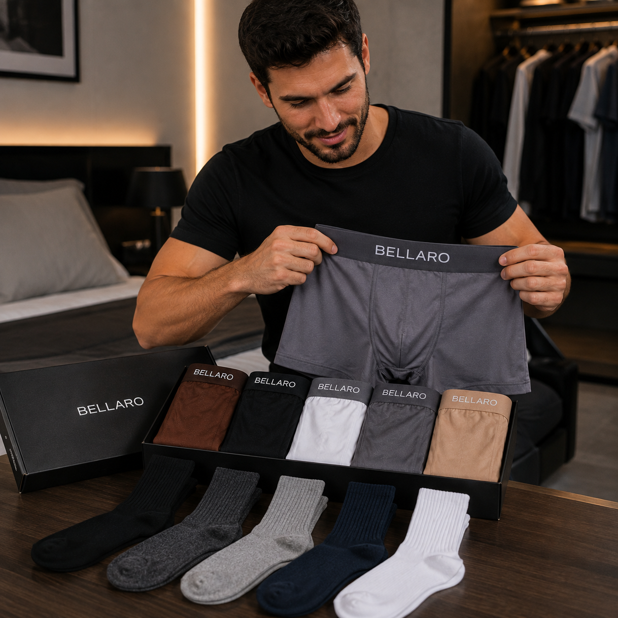 [Leve 10 e Pague 5] Kit Masculino Bellaro – 5 Cuecas Boxer Premium + 5 Pares de Meias