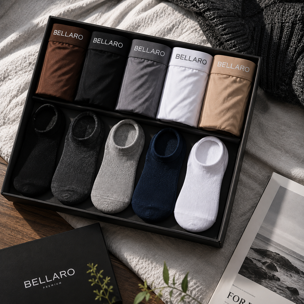 [Leve 10 e Pague 5] Kit Masculino Bellaro – 5 Cuecas Boxer Premium + 5 Pares de Meias