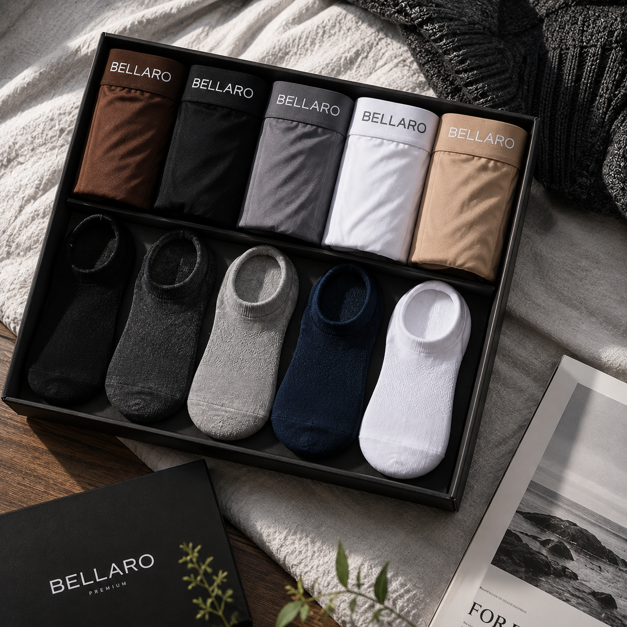 [Leve 10 e Pague 5] Kit Masculino Bellaro – 5 Cuecas Boxer Premium + 5 Pares de Meias