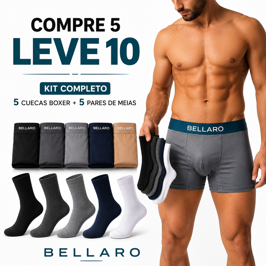 [Leve 10 e Pague 5] Kit Masculino Bellaro – 5 Cuecas Boxer Premium + 5 Pares de Meias
