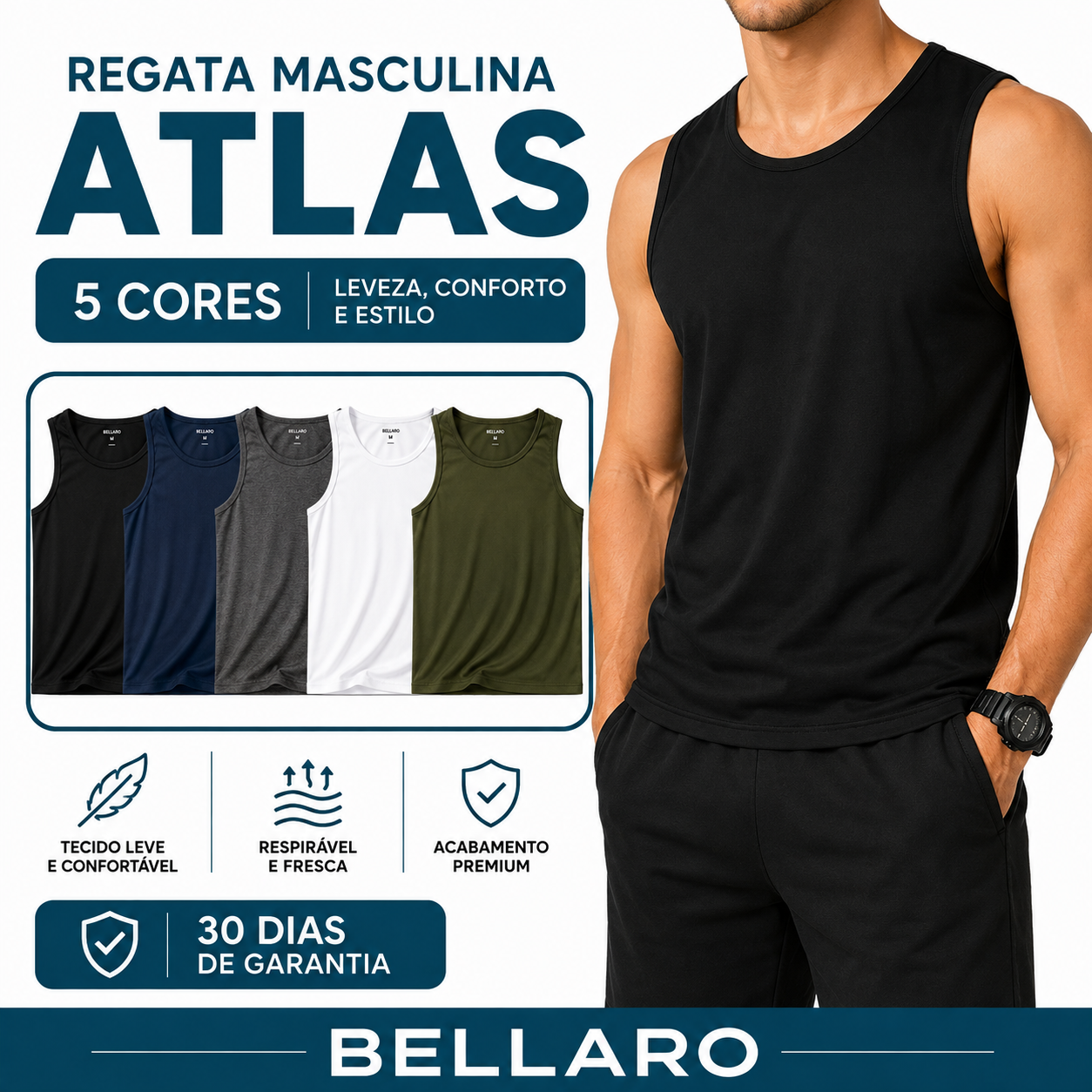 [Leve 5 e Pague 3] Regata Masculina Atlas Premium | Conforto, Leveza e Estilo para o Dia a Dia