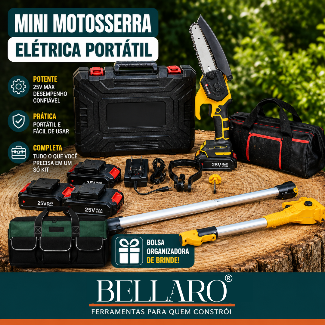 Mini Motosserra Elétrica Portátil + 4 Baterias e Bolsa de Ferramentas Grátis